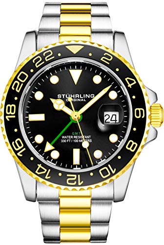 Stuhrling Reloj GMT de acero inoxidable para hombre, pulsera de triple hilera, cuarzo suizo, hora doble, fecha rápida con corona de rosca, resistente al agua hasta 10 ATM, Negro y dorado., Pulsera