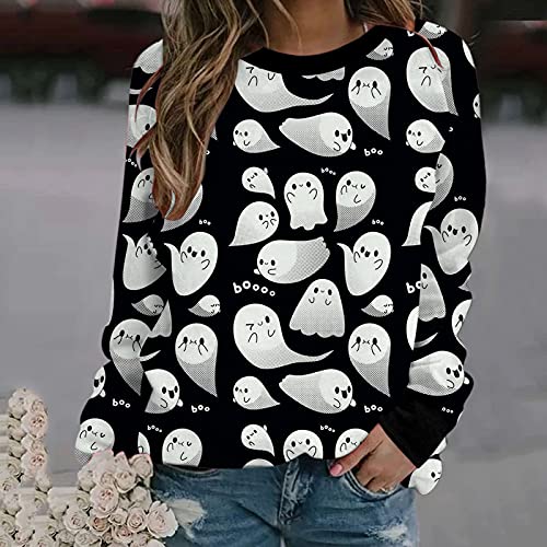 Sudadera básica de cuello redondo para mujer, para Halloween, para niñas, túnica, para otoño, sudadera con estampado divertido, Negro , XL,