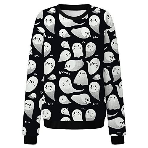 Sudadera básica de cuello redondo para mujer, para Halloween, para niñas, túnica, para otoño, sudadera con estampado divertido, Negro , XL,