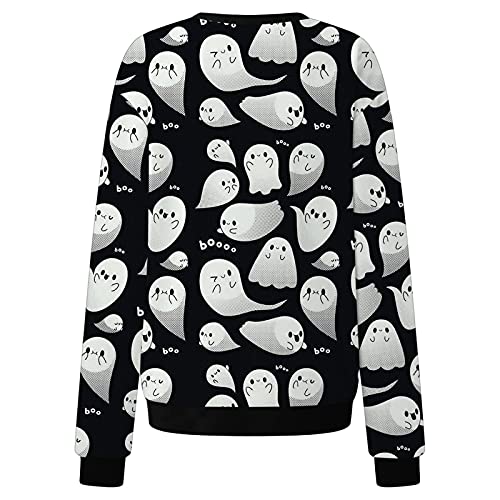 Sudadera básica de cuello redondo para mujer, para Halloween, para niñas, túnica, para otoño, sudadera con estampado divertido, Negro , XL,