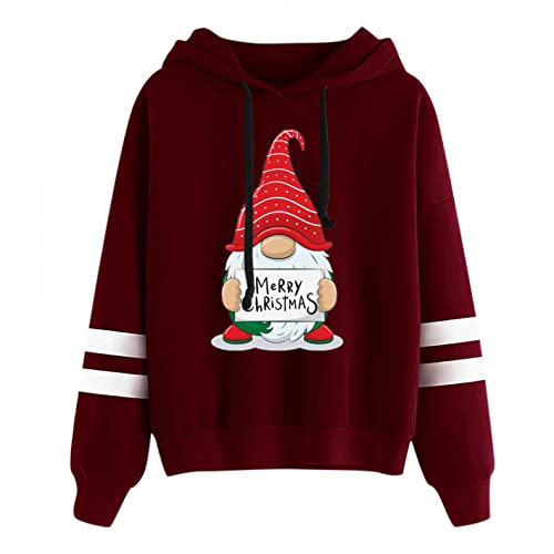 Sudadera con Capucha para Mujeres Hoody y Sudaderas Navideños de los Gnomo Manga Larga Pull-Over Diseño Elegante Ropa de Dama con Ajustable Cordón Chica Señora Feliz Año Nuevo Invierno Otoño S-XXL