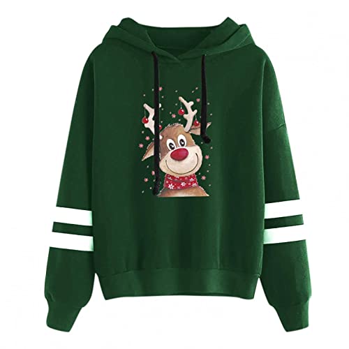 Sudadera para Niñas Chicas Mujers Suéter Navideños Impreso Reno Manga Larga Pull-Over Delgados Hoodies con Ajustable Cordón Dama Señora Feliz Navidad Invierno Otoño S/M/L/XL/XXL