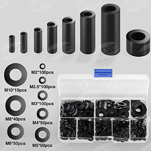 SuMille arandela plana de plastico negro, lavadora para arandelas mecánicas, surtido M2 M2.5 M3 M4 M5 M6 M8 M8 M10 para arandelas mecánicas