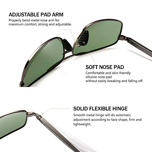 SUNGAIT Rectangulares Gafas de sol Hombre Polarizadas Clásico metal Marc Gunmetal/Verde 2458