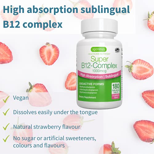 Super Complejo B12 1000mcg, vitamina B12 sublingual de alta absorción y formas bioactivas como metilcobalamina, sabor a fresa natural, vegano, 180 tabletas