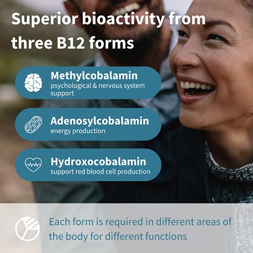 Super Complejo B12 1000mcg, vitamina B12 sublingual de alta absorción y formas bioactivas como metilcobalamina, sabor a fresa natural, vegano, 180 tabletas