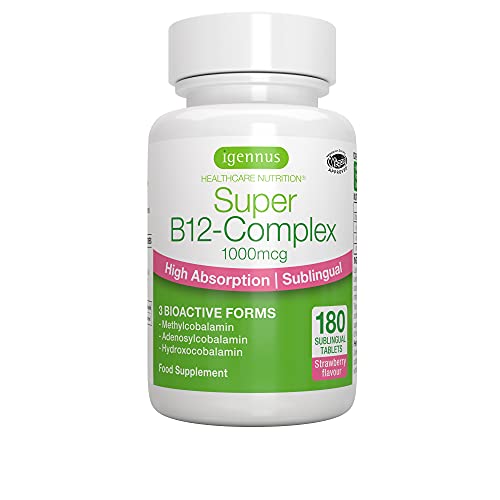 Super Complejo B12 1000mcg, vitamina B12 sublingual de alta absorción y formas bioactivas como metilcobalamina, sabor a fresa natural, vegano, 180 tabletas