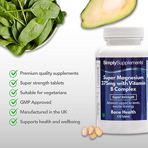 Super Magnesio 375 mg con Complejo de Vitamina B ¡Bote para 4 meses! Apto para Veganos - 120 Comprimidos - SimplySupplements