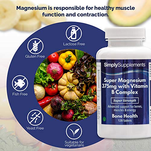 Super Magnesio 375 mg con Complejo de Vitamina B ¡Bote para 4 meses! Apto para Veganos - 120 Comprimidos - SimplySupplements