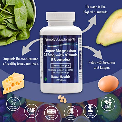 Super Magnesio 375 mg con Complejo de Vitamina B ¡Bote para 4 meses! Apto para Veganos - 120 Comprimidos - SimplySupplements