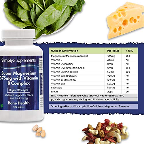 Super Magnesio 375 mg con Complejo de Vitamina B ¡Bote para 4 meses! Apto para Veganos - 120 Comprimidos - SimplySupplements