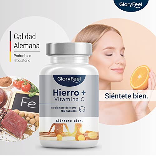 Suplemento de Hierro 40mg con Vitamina C natural - Bisglicinato de hierro de alta calidad (hierro quelado) - Buen sabor gracias al aroma natural de naranja - 180 comprimidos para 6 meses