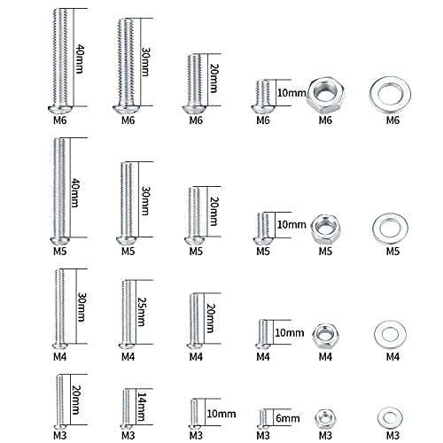 Surtido de Tornillos de Cabeza Redonda y Tuercas y Arandelas Planas, M3 M4 M5 Tornillos de Máquina de Cabeza Plana Cruzada y Juegos de Tuercas y Tornillos de Cabeza Hex - 900g /12 Tamaño