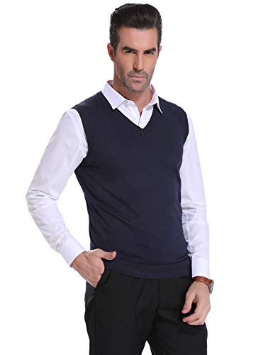 Sykooria Suéter Hombre sin Mangas Chaleco de Punto Ajustado Básico Calentito Jersey Escote en Pico sin Manga Chaqueta Pull-Over Jerseis Casual Informal 1# Azul Marino S