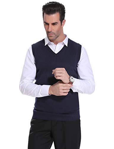 Sykooria Suéter Hombre sin Mangas Chaleco de Punto Ajustado Básico Calentito Jersey Escote en Pico sin Manga Chaqueta Pull-Over Jerseis Casual Informal 1# Azul Marino S