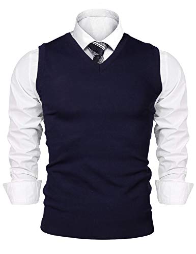 Sykooria Suéter Hombre sin Mangas Chaleco de Punto Ajustado Básico Calentito Jersey Escote en Pico sin Manga Chaqueta Pull-Over Jerseis Casual Informal 1# Azul Marino S