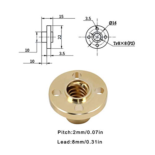 T8 Tuerca de Latón,Tuerca de Tornillo Trapezoidal T8,Impresora 8mm Tornillo Tuerca Trapezoidal,Tuerca de Cobre para Impresora 3D T8,para Tornillo de Avance de Motor Paso a Paso Rosca de 8 mm