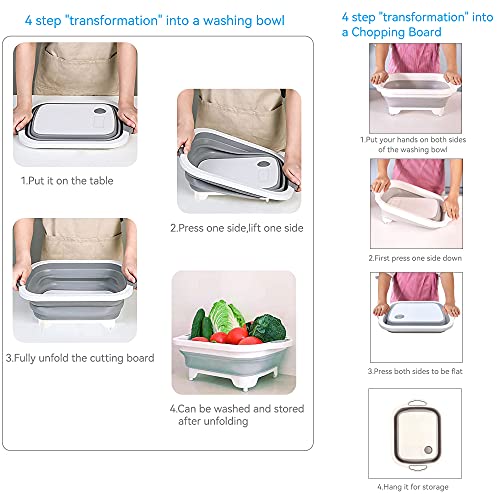 Tabla de Cortar Plegable, 3 en 1 Fregadero Portatil Camping con Drenable, Cesta Plegable Portátil Multifuncional para Frutas y Verduras (Gris)