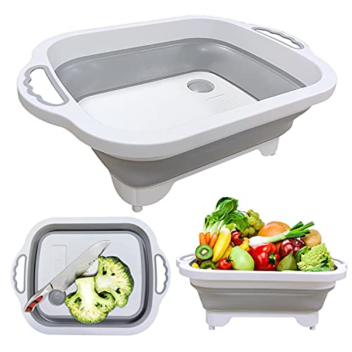 Tabla de Cortar Plegable, 3 en 1 Fregadero Portatil Camping con Drenable, Cesta Plegable Portátil Multifuncional para Frutas y Verduras (Gris)