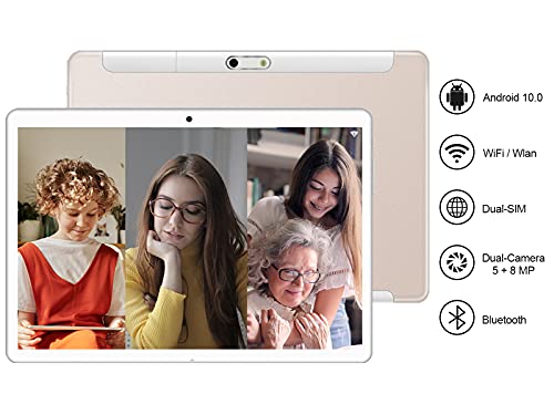 Tablet 10 Pulgadas Android 10.0 GOODTEL Tablet 4GB de RAM, 64GB de Memoria Interna, Escalable 128GB, Quad-Core, WiFi + Dual SIM 8000mAh Batería Bluetooth WiFi Cámara Dual, Type-C - Oro Rosa