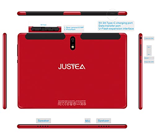 Tablet 10.1 Pulgadas Android 10.0 Tableta Ultra-Portátiles - RAM 4GB | 64GB Expandible (Certificación Google gsm) -JUSYEA - Batería de 8000mAh - WiFi —Ratón | Teclado y Otros - Rojo