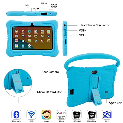 Tablet PC para niños, Tablet PC Androide Veidoo de 7 pulgadas, 1GB / 16GB, pantalla IPS de 1024x600, aplicación educativa, linda tablet PC con funda de silicona (azul)