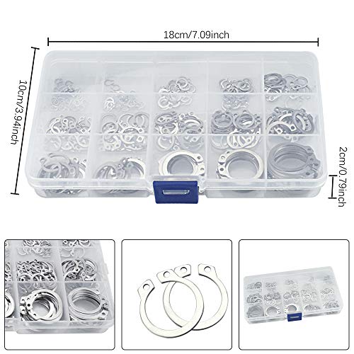 TANCUDER 225 PCS Surtido de Anillos de Seguridad de Acero Inoxidable 304 Kit Circlip Snap C-Clips con Caja Anillos de Retención Externo y Interno para Fijar Rodamientos Engranajes Poleas (15 Tamaños)