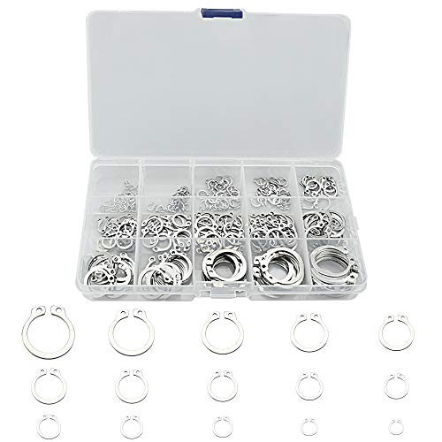 TANCUDER 225 PCS Surtido de Anillos de Seguridad de Acero Inoxidable 304 Kit Circlip Snap C-Clips con Caja Anillos de Retención Externo y Interno para Fijar Rodamientos Engranajes Poleas (15 Tamaños)