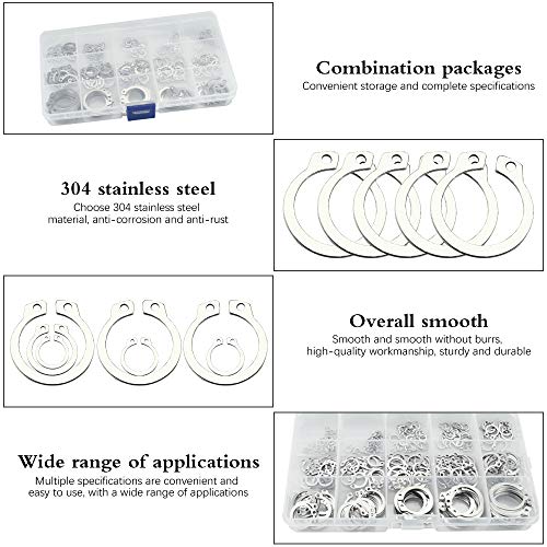 TANCUDER 225 PCS Surtido de Anillos de Seguridad de Acero Inoxidable 304 Kit Circlip Snap C-Clips con Caja Anillos de Retención Externo y Interno para Fijar Rodamientos Engranajes Poleas (15 Tamaños)