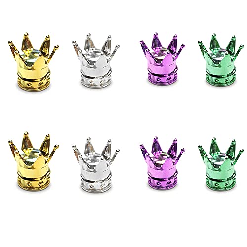 Tapones Rueda Coche,8 Piezas Tapones Válvula Aluminio Tapas Neumáticos Crown Tapa Válvula Francesa Tapas Vástago Válvula para Neumáticos de Bicicleta de Moto de Coche (4 Colores)