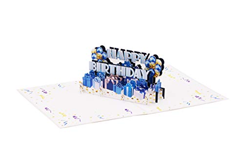 Tarjeta de cumpleaños Happy Birthday en azul | Tarjeta pop up de cumpleaños, globos 3D, regalos | Tarjeta de felicitación o cupón para cumpleaños, G24.2