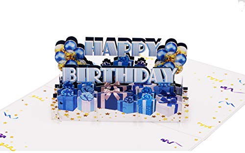 Tarjeta de cumpleaños Happy Birthday en azul | Tarjeta pop up de cumpleaños, globos 3D, regalos | Tarjeta de felicitación o cupón para cumpleaños, G24.2