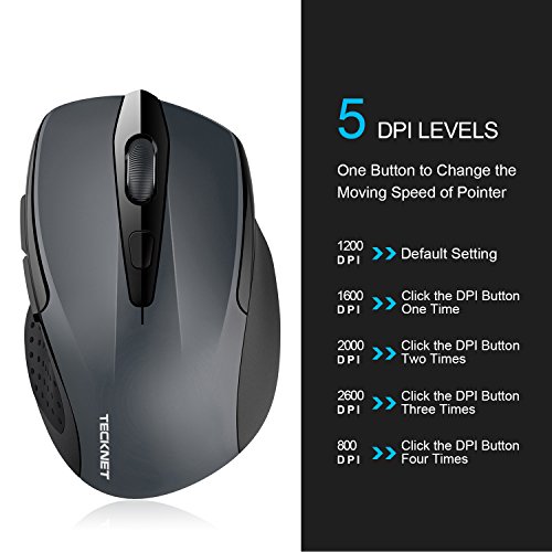 TECKNET Ratón Inalámbrico Bluetooth, Pro Wireless Mouse con Indicador de Batería, 5 Niveles dpi, 2600/2000/1600/1200/800 dpi, Óptico, 5 Botones, 24 Meses Duración de Batería