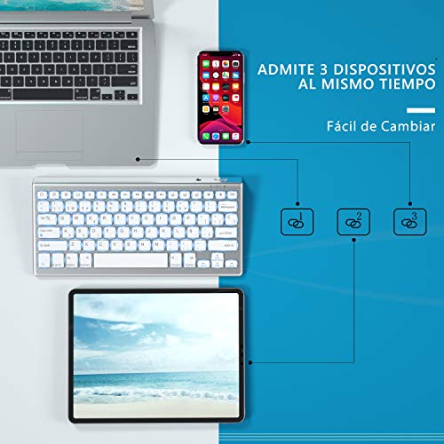 Teclado Bluetooth para iPad 10.2 iPad 5/6/7/8ª Generación iPad 4/3/2 iPad Pro 10.5/11/12.9 iPad Mini iPhone, 7 Colores Retroiluminado Teclado Compacto Recargable, Español Ñ, Blanco y Plata