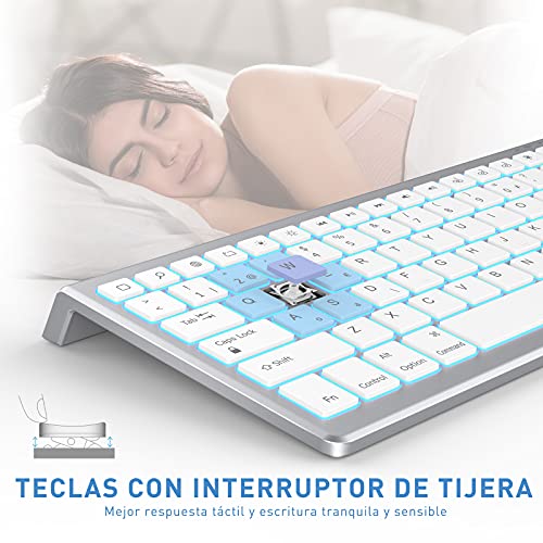 Teclado Bluetooth para iPad 10.2 iPad 5/6/7/8ª Generación iPad 4/3/2 iPad Pro 10.5/11/12.9 iPad Mini iPhone, 7 Colores Retroiluminado Teclado Compacto Recargable, Español Ñ, Blanco y Plata