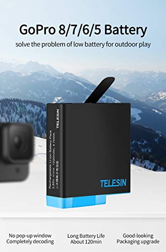 TELESIN Triple Charger Battery Set-Charging Box + 2 baterías con Cable USB Type-C 3 en 1 Kit de Accesorios para GoPro Hero 8 / Hero 7/6/5 Black