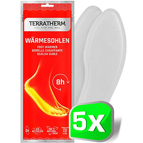 TerraTherm Plantillas Calentadoras - 5 Pares XL, Plantillas Calentadoras, Almohadillas térmicas, 100% Calor Natural, Almohadillas térmicas con Forma de Plantillas para 8 Horas de pies Calientes