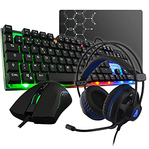 The G-Lab Combo Gallium E-Pack Gaming 4 en 1 - Teclado Gaming QWERTY – Incluye Ñ-Retroiluminado, Ratón Gaming de 2400 dpi, Auriculares Gaming, Alfombrilla de Ratón Antideslizante – PC PS4 Xbox One