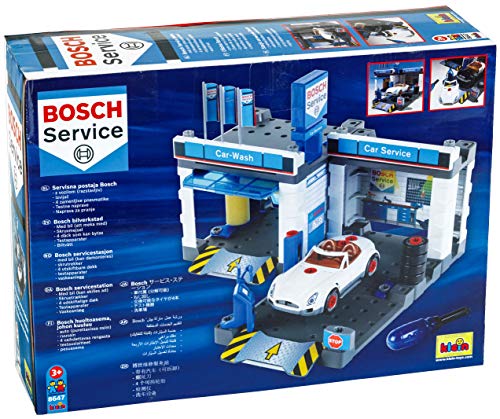Theo Klein 8647 Estación de servicio Bosch Car Service, Con tren de lavado y plataforma elevadora regulable, Incluye coche desmontable, Medidas: 43,5 cm x 40 cm x 28,5 cm