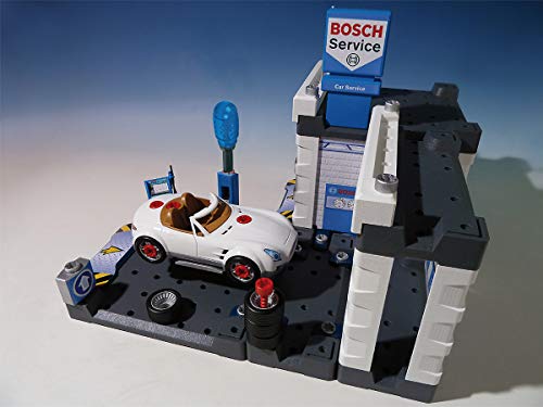 Theo Klein 8647 Estación de servicio Bosch Car Service, Con tren de lavado y plataforma elevadora regulable, Incluye coche desmontable, Medidas: 43,5 cm x 40 cm x 28,5 cm