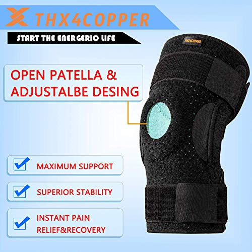 Thx4COPPER Rodillera plegable con rótula abierta ajustable con correas paralelas y estabilizadores de doble cara, rodillera de compresión para aliviar el dolor de rodilla