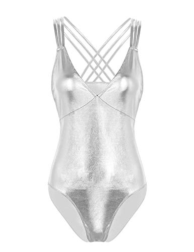 TiaoBug Bañador Una Pieza Mujer Cuello en V Profundo con Espalda Cruzada Traje de baño Monokini Metálico Brillos Talla Grande Plateado X-Large