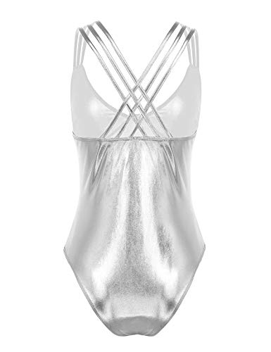 TiaoBug Bañador Una Pieza Mujer Cuello en V Profundo con Espalda Cruzada Traje de baño Monokini Metálico Brillos Talla Grande Plateado X-Large
