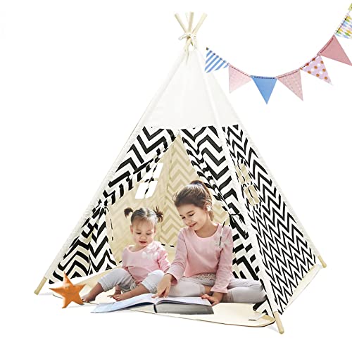 Tienda de campaña para niños con Alfombra para niños y niñas, casa de Juegos para Interiores y Exteriores, diseño de Rayas Blancas, decoración de Sala de Juegos Tipi Tepee (Blanco)