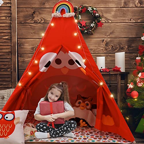 Tienda de campaña para niños con Alfombra para niños y niñas, casa de Juegos para Interiores y Exteriores, diseño de Rayas Blancas, decoración de Sala de Juegos Tipi Tepee (Rojo)