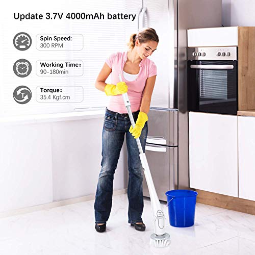 Tilswall Cepillo Limpieza Eléctrico 300 RPM,Electric Spin Scrubber 4000 mAh, Mango de 27.6-43.3 Pulgadas Extensible,Ajustable 0-80 °,4 Cabezales Diferentes para Baño y Cocina, Azulejo, Tina