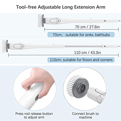 Tilswall Cepillo Limpieza Eléctrico 300 RPM,Electric Spin Scrubber 4000 mAh, Mango de 27.6-43.3 Pulgadas Extensible,Ajustable 0-80 °,4 Cabezales Diferentes para Baño y Cocina, Azulejo, Tina