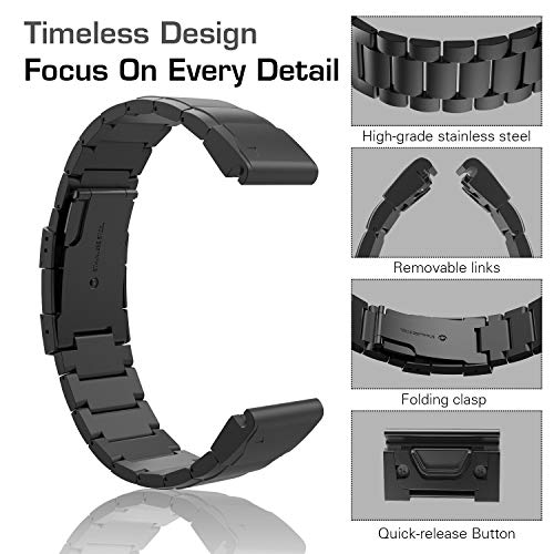 TiMOVO Pulsera Compatible con Garmin Instinct/Fenix 6/6 Pro/Fenix 5/5 Plus/Forerunner 935/945, Pulsera del Metal para Relojes de 22mm, Reemplazable con Doble Botones Plegable con Herramienta - Negro