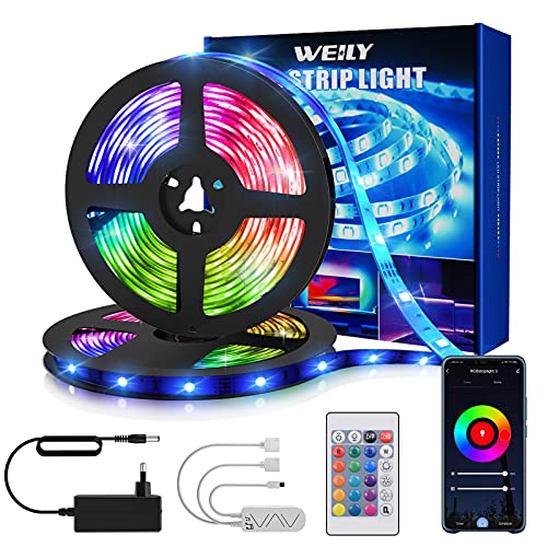 Tiras Led 15M, WEILY Luces Led Habitacion 15M RGB Multicolor Control Remoto Música Tiras Led Funciona con Alexa, Google Asistente y App para Decoración[Clase de eficiencia energética A++]