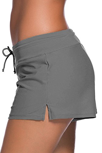 Tmaza Shorts de Baño Mujer Bañador Short Deportes Acuáticos Shorts de Natación Secado Rápido Bañador de Pantalon Cortos con cordón Ajustables, Gris S